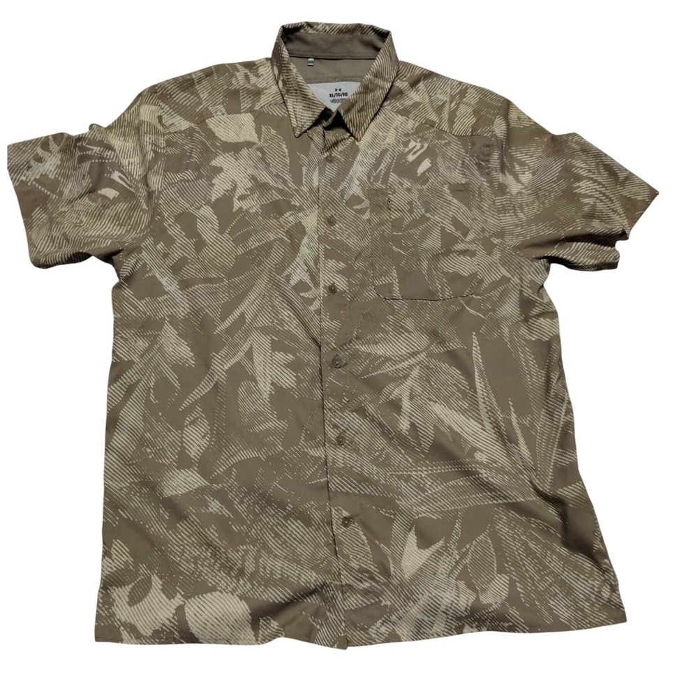 Under Armour Mens XL Tan Tropical Leaf Button Down Short Sleeve Shirt 1373577‎